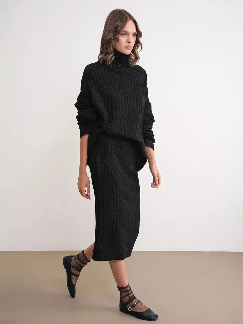 ميكسراي MIXRAY High Waist Ribbed Knit Skirt